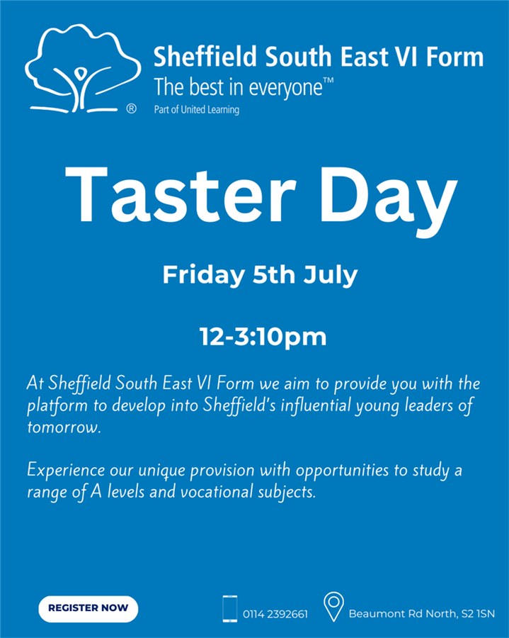 VI Form Taster Day - Friday 5th July 12-3:10pm